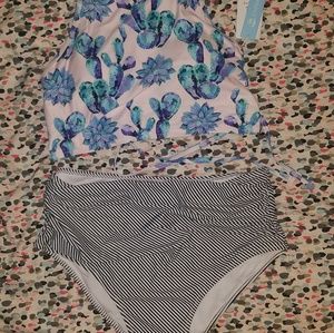 Cupshe High Waisted Striped&Pink Succulents Bikini
